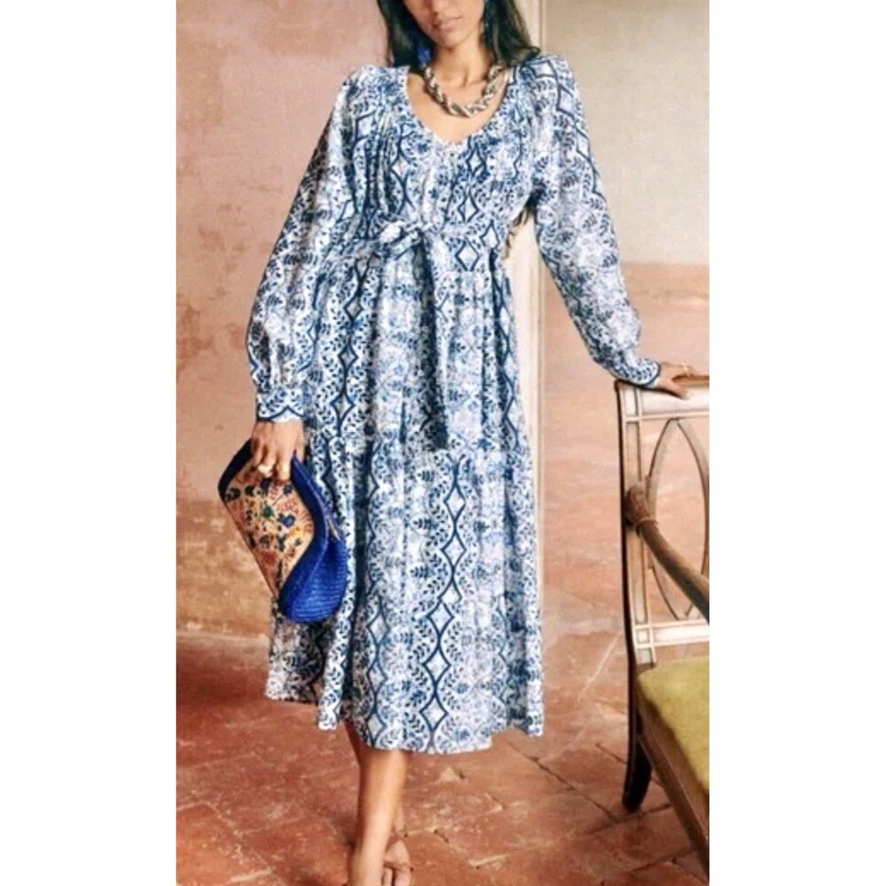 Sezane Yuliana Embroidered Midi Dress Floral Print White & Blue Size 46